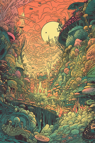 a colorful landscape with a moon