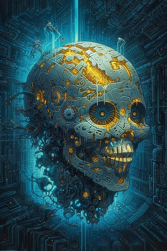 a skull with a gold and blue background