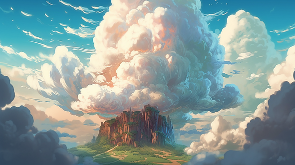 a large cloud over a rocky mountain