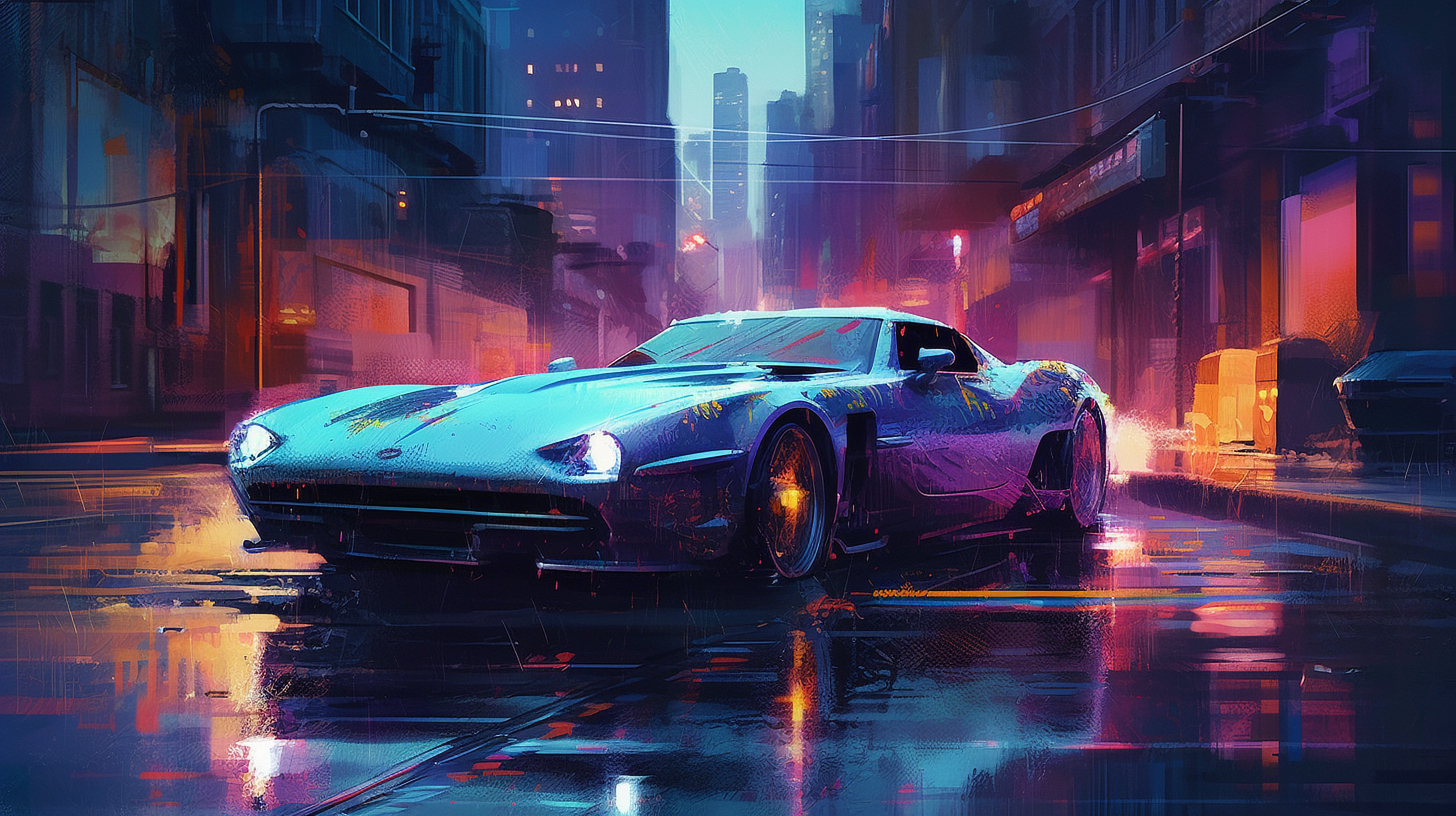 a sports car on a wet street
