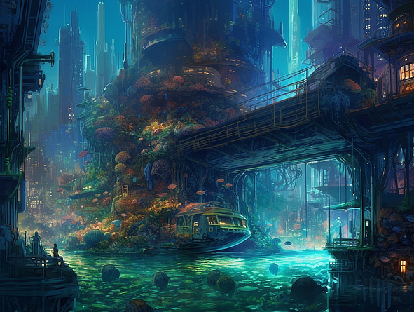 a city with a bridge and a boat