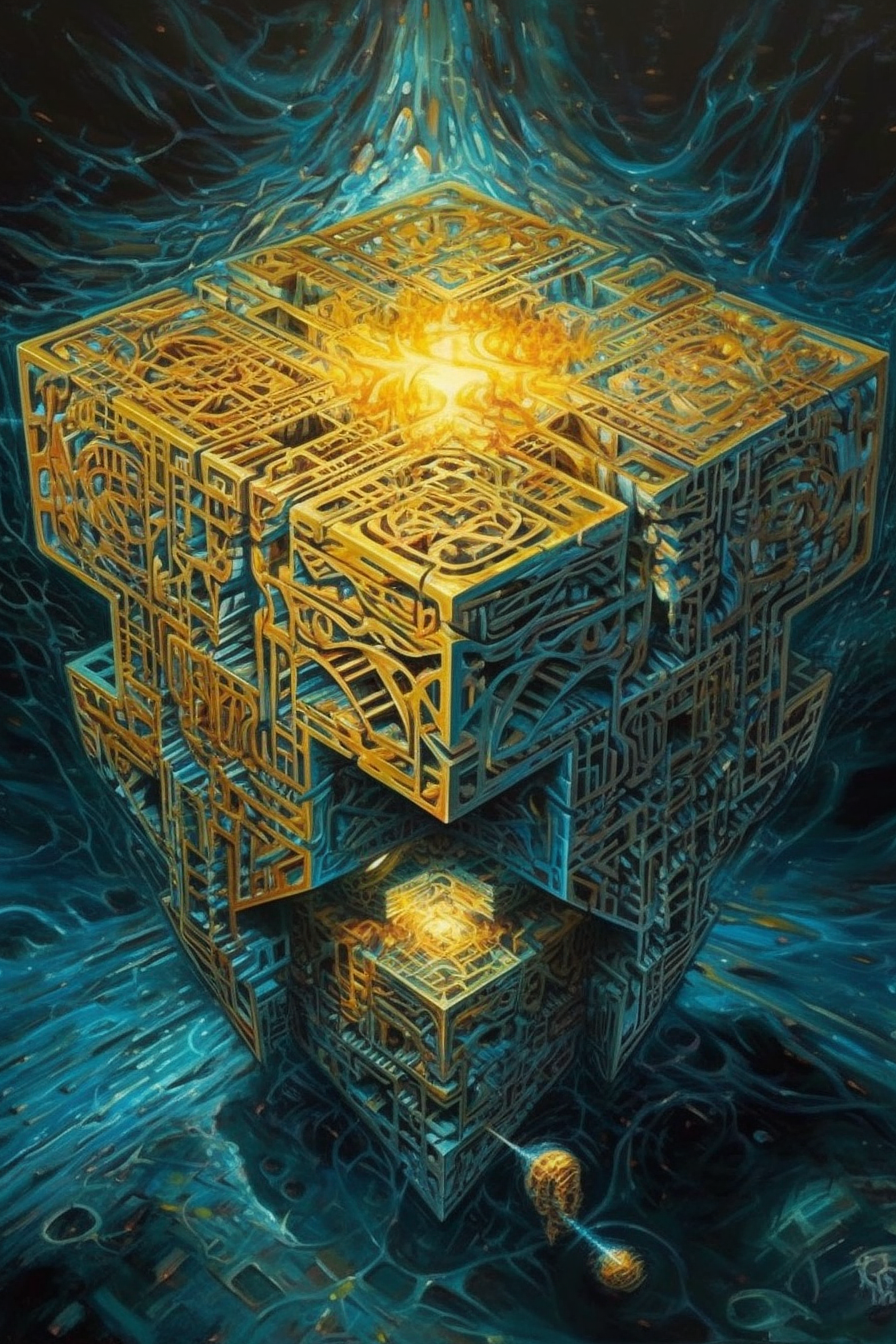 a computer generated cube with a yellow and blue design