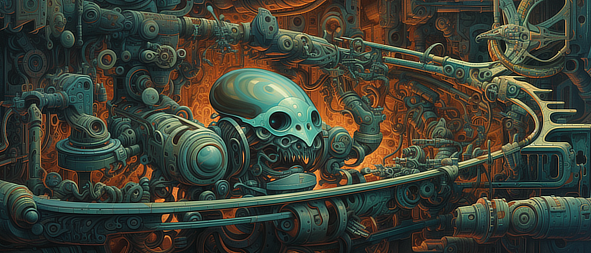 a robot in a room with pipes