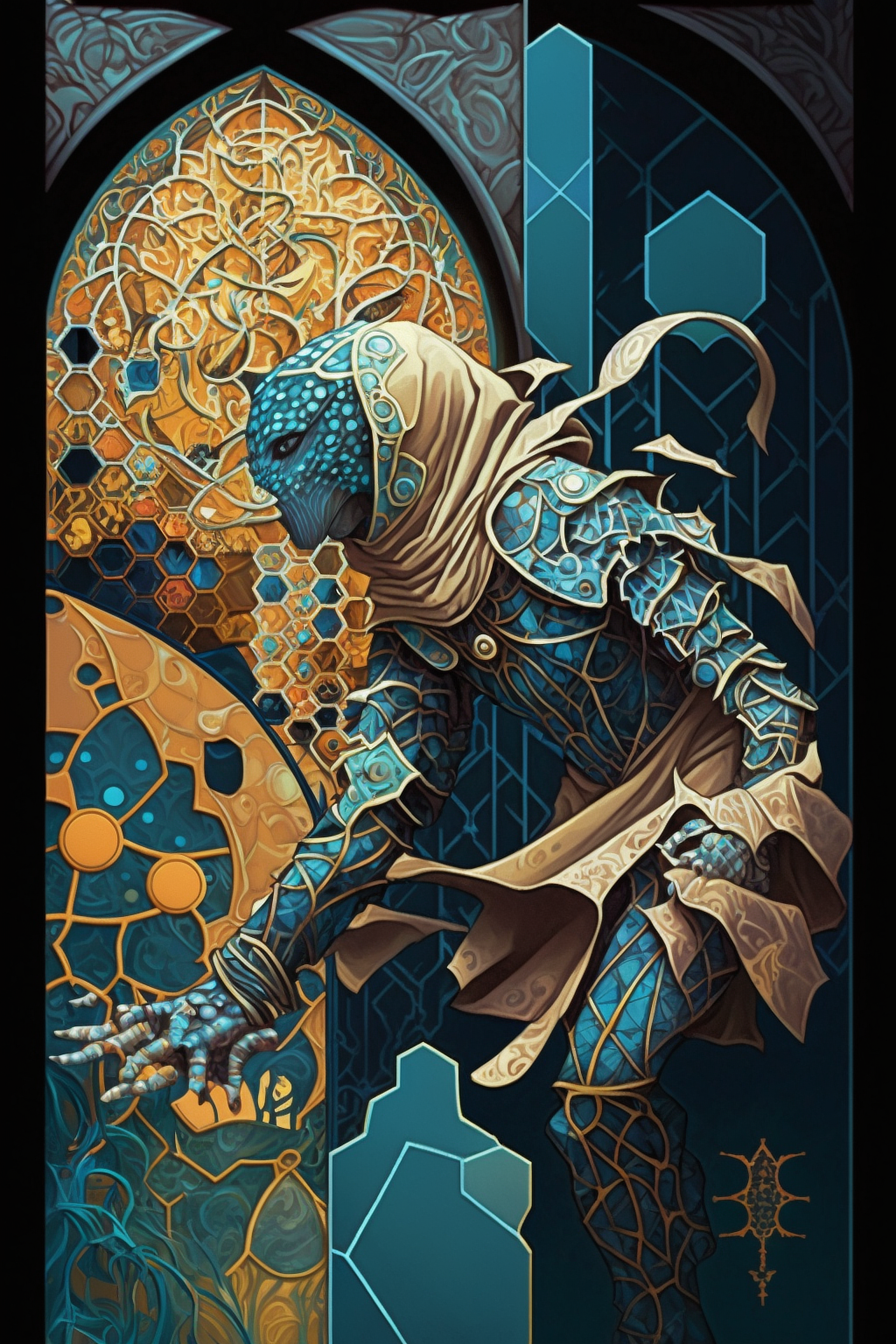 a blue and gold creature