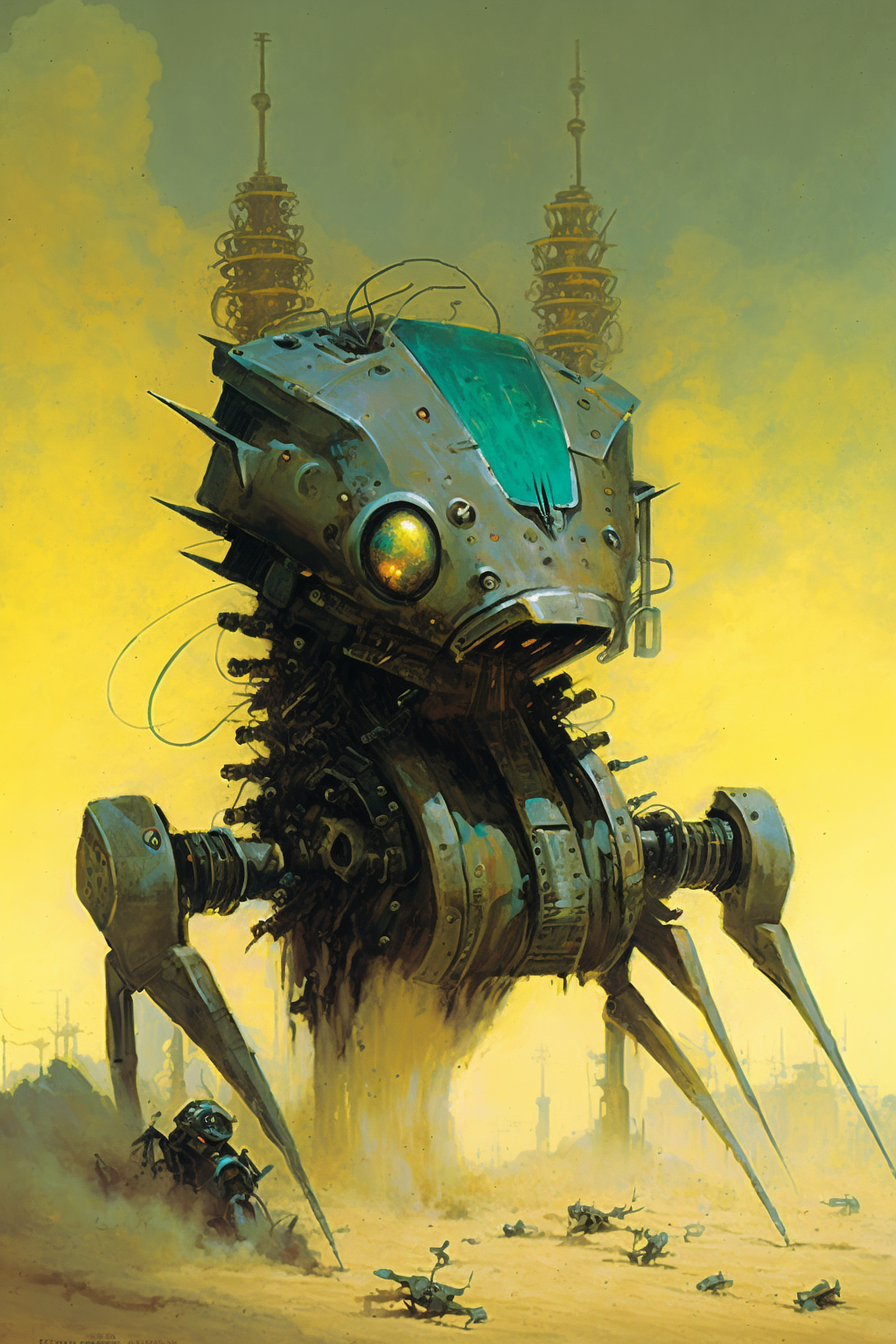 a robot with a yellow smokey sky
