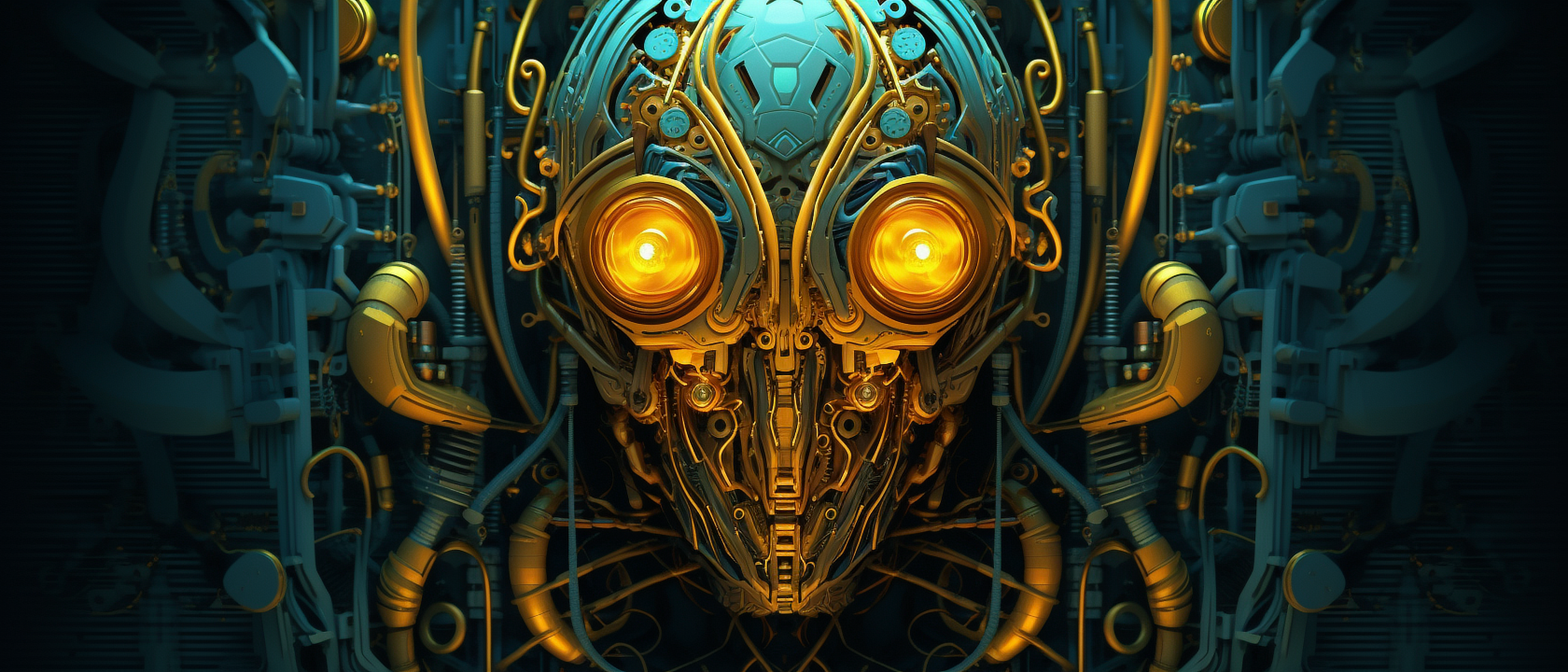 a robot head with yellow lights