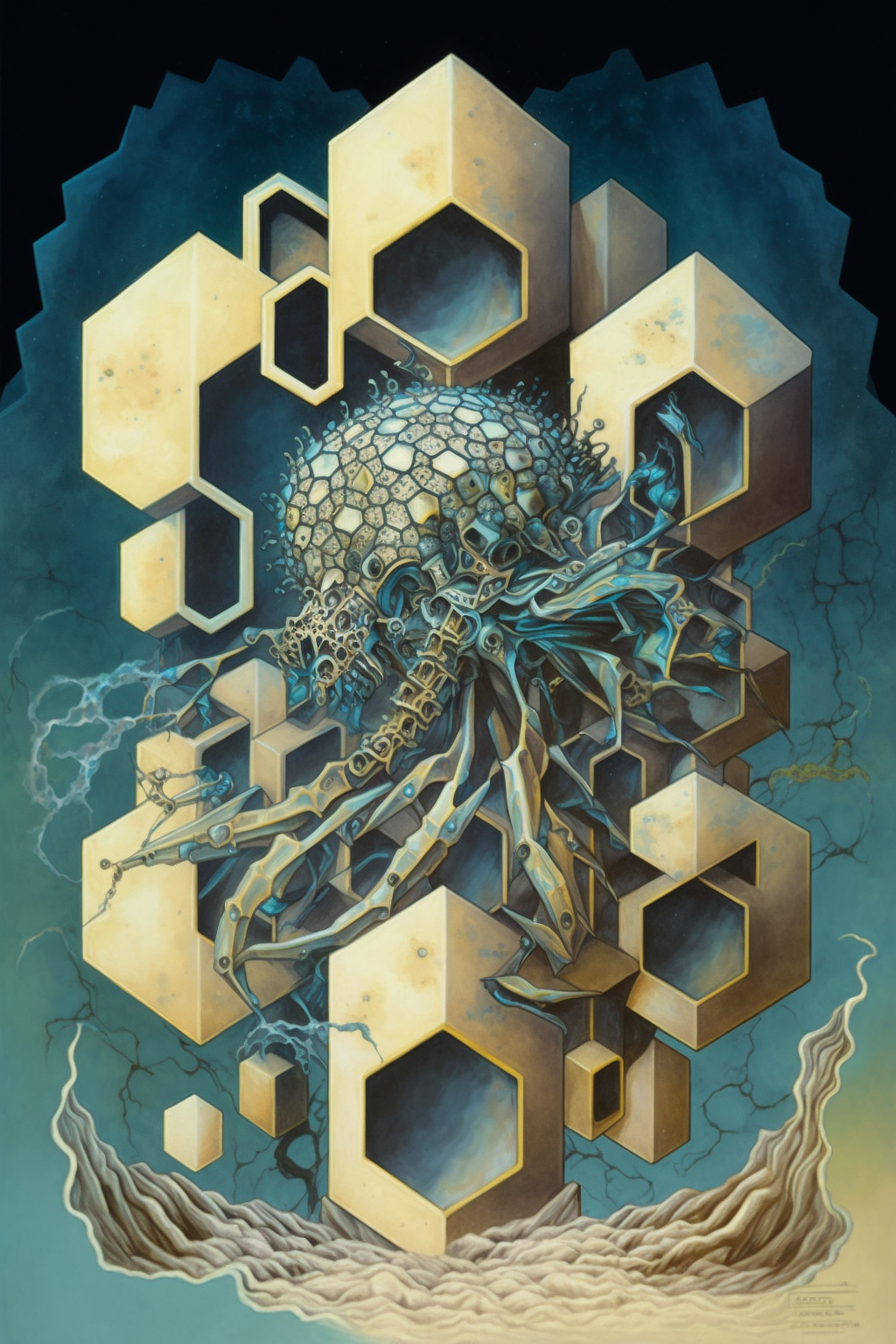 a artwork of a monster with a large head and hexagons