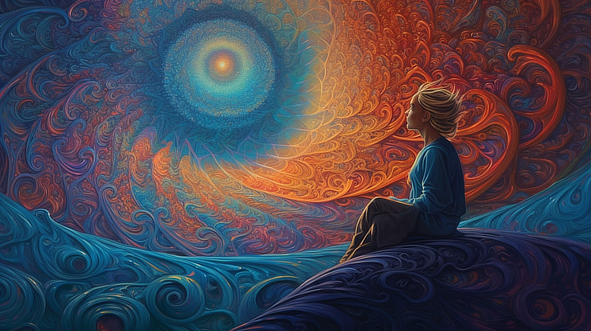 a woman sitting on a rock looking at a colorful swirly pattern