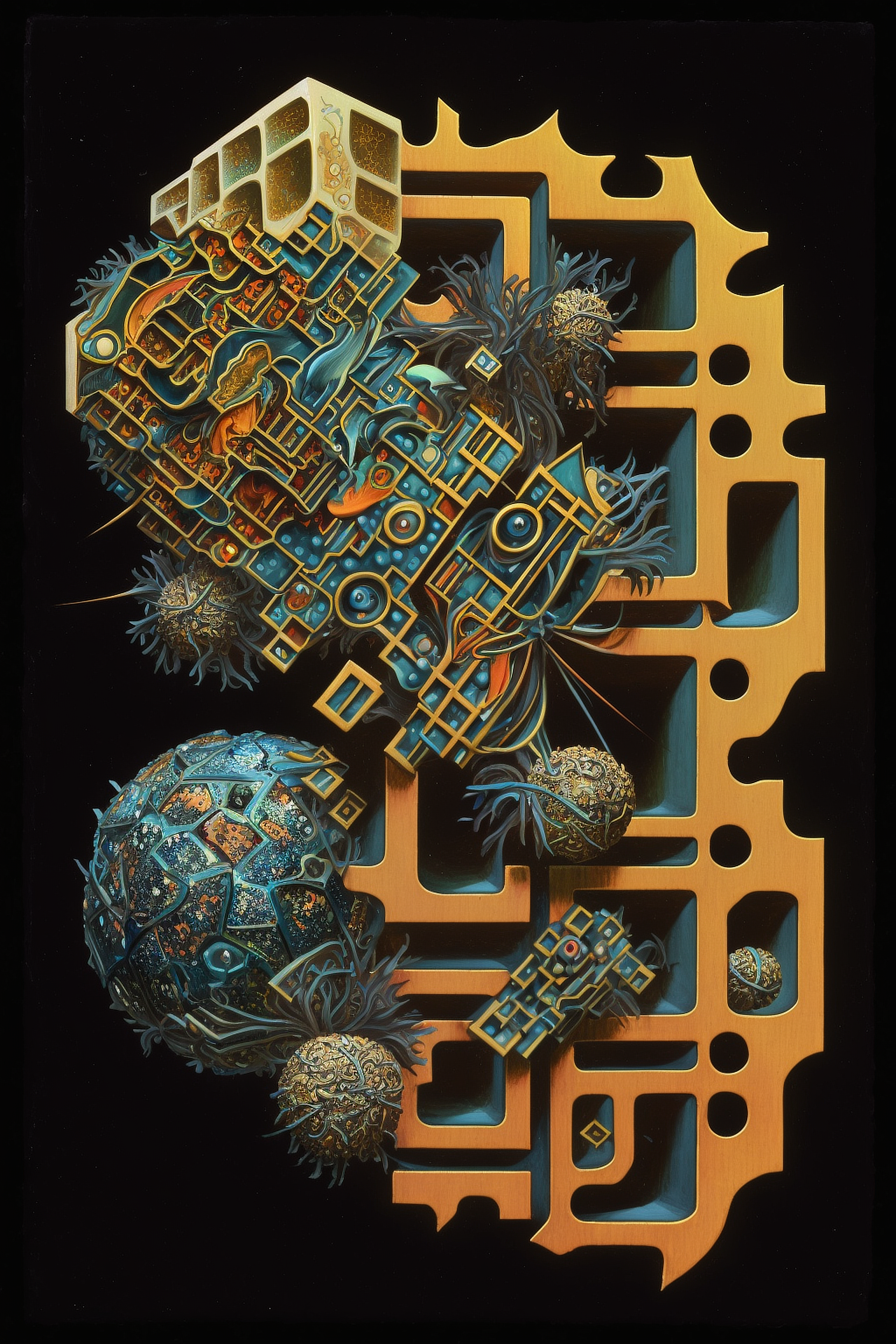 a artwork of a blue and gold object