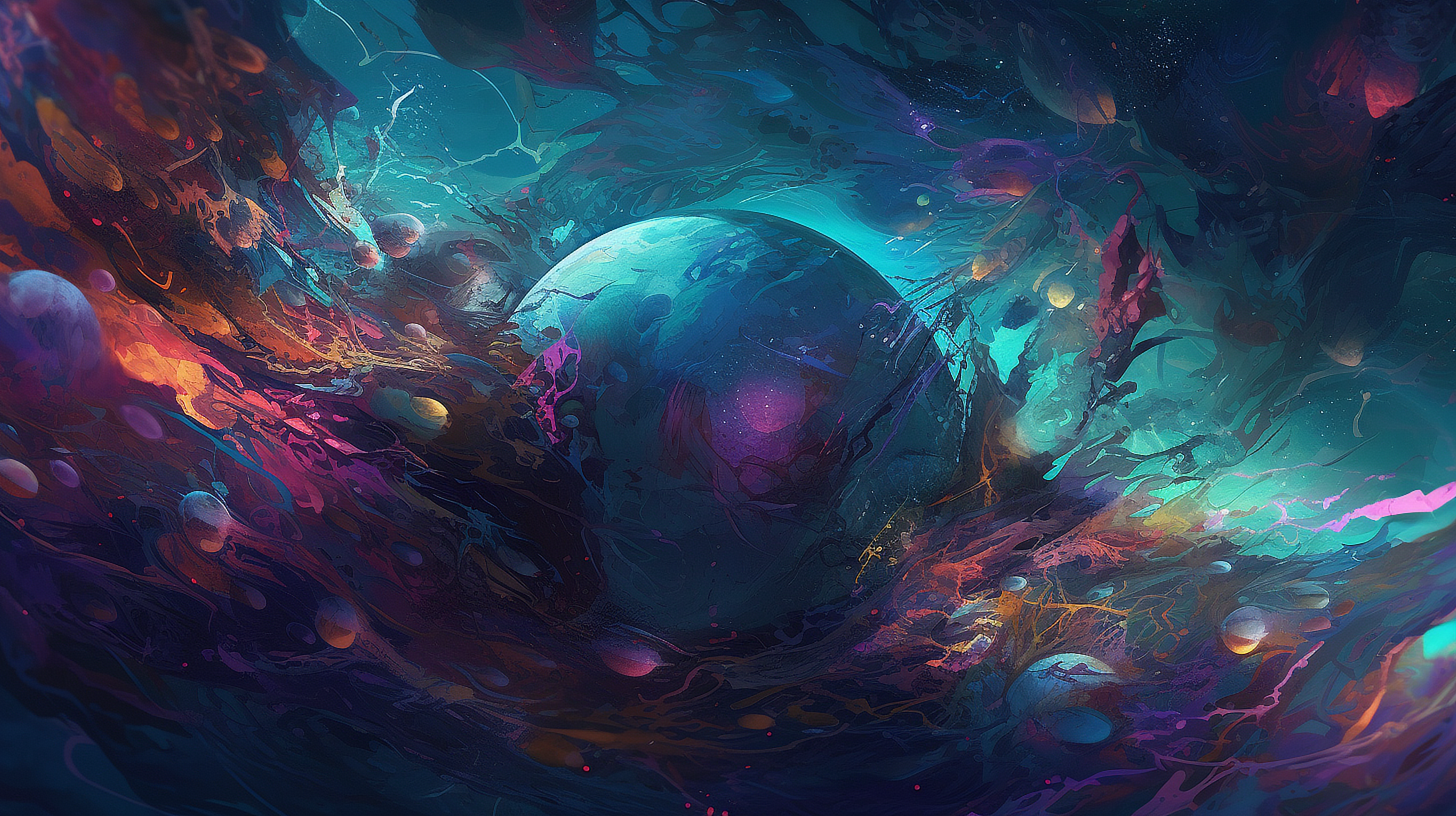 a blue planet surrounded by colorful objects