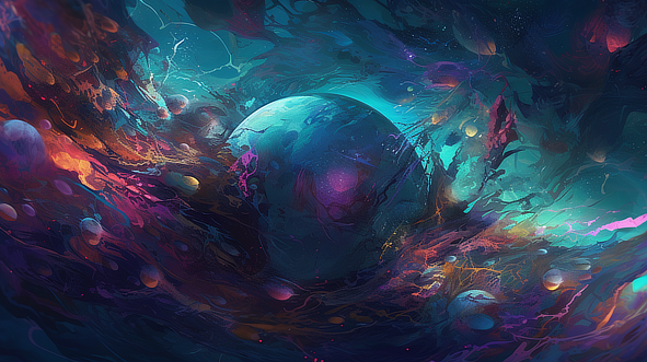 a blue planet surrounded by colorful objects