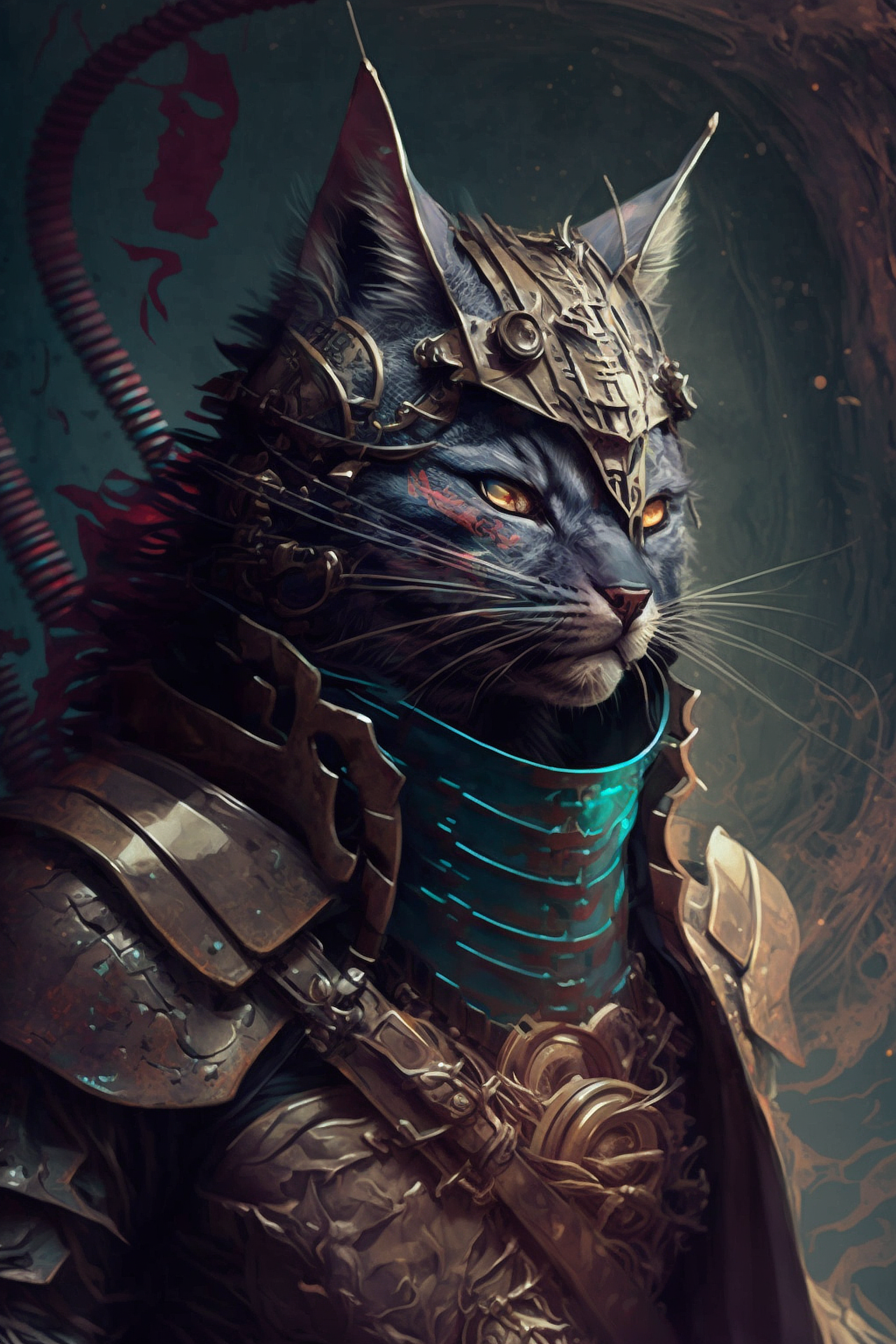 a cat in armor with a blue and red face
