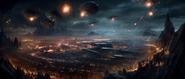 a group of ufos in the sky over a city