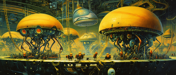 a group of robots on a platform with yellow round objects