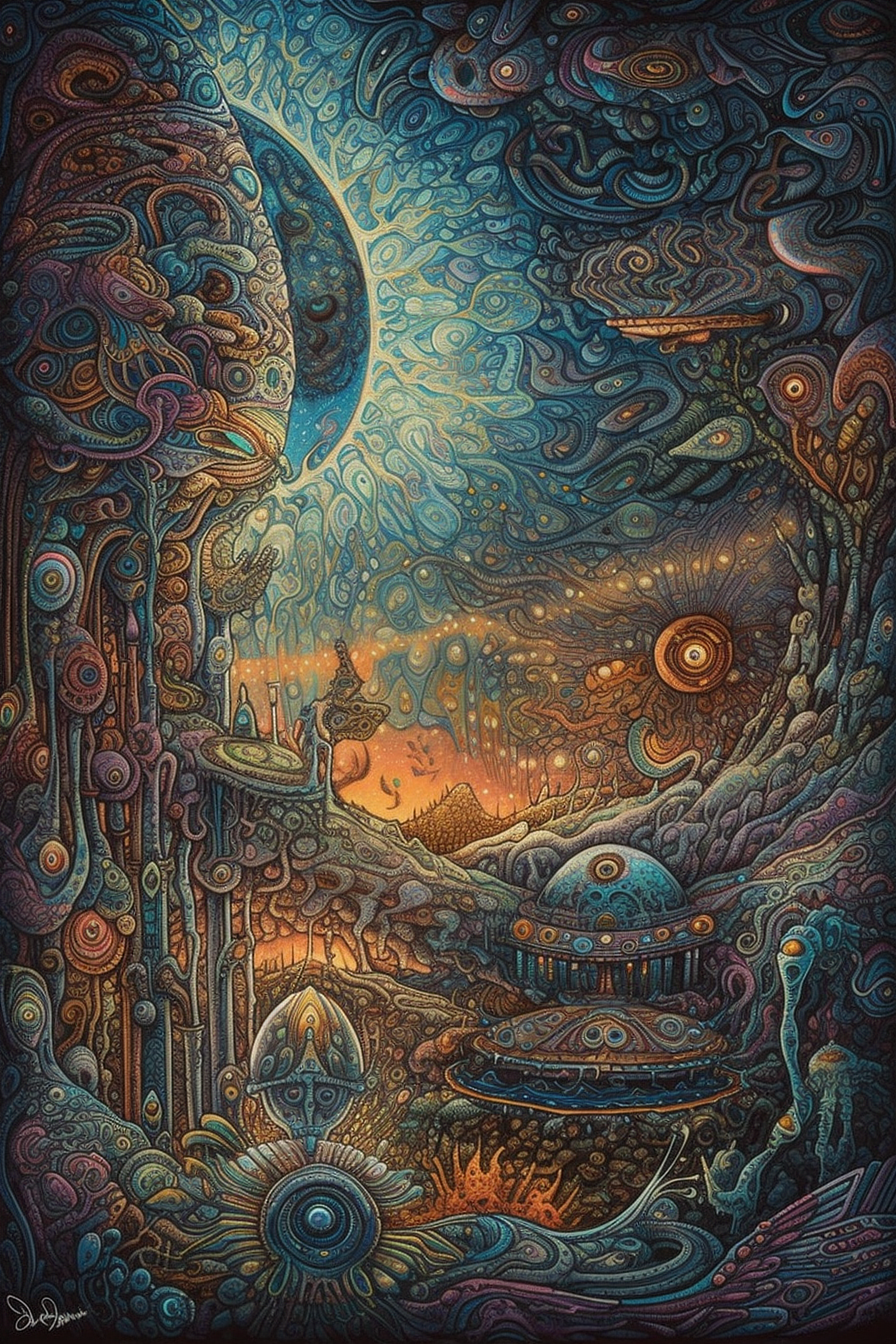 a colorful art with a moon and stars