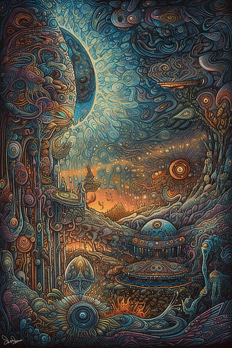 a colorful art with a moon and stars