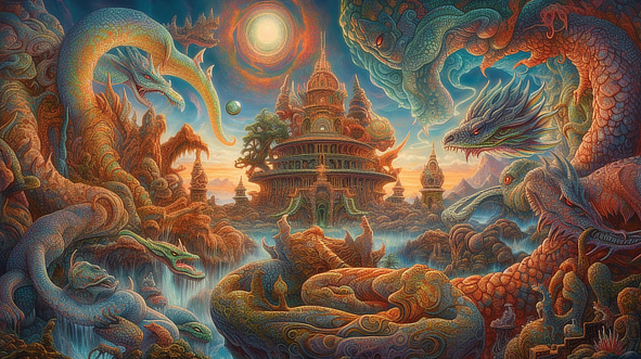 a colorful fantasy art of a castle and dragons