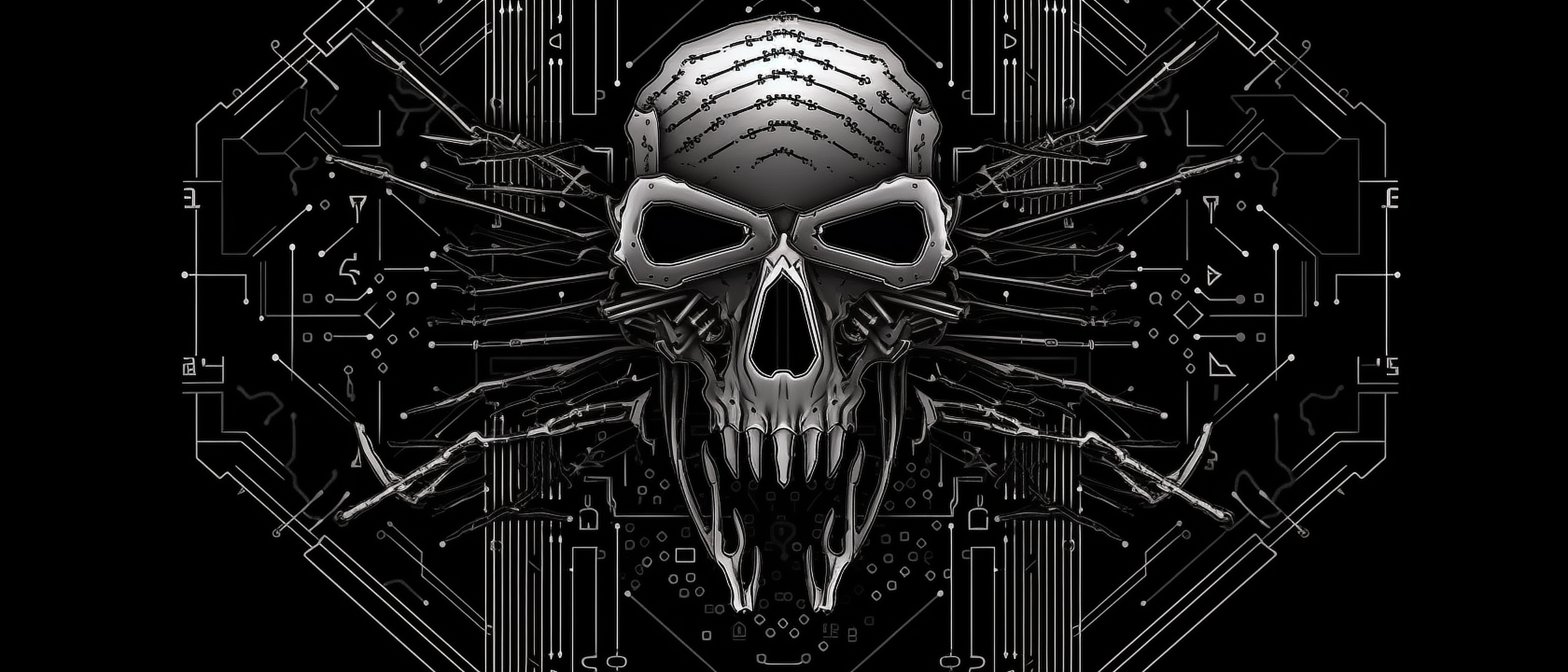 a skull with wings and lines