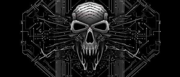 a skull with wings and lines