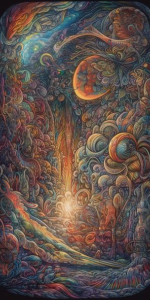 a colorful art with a light in the middle