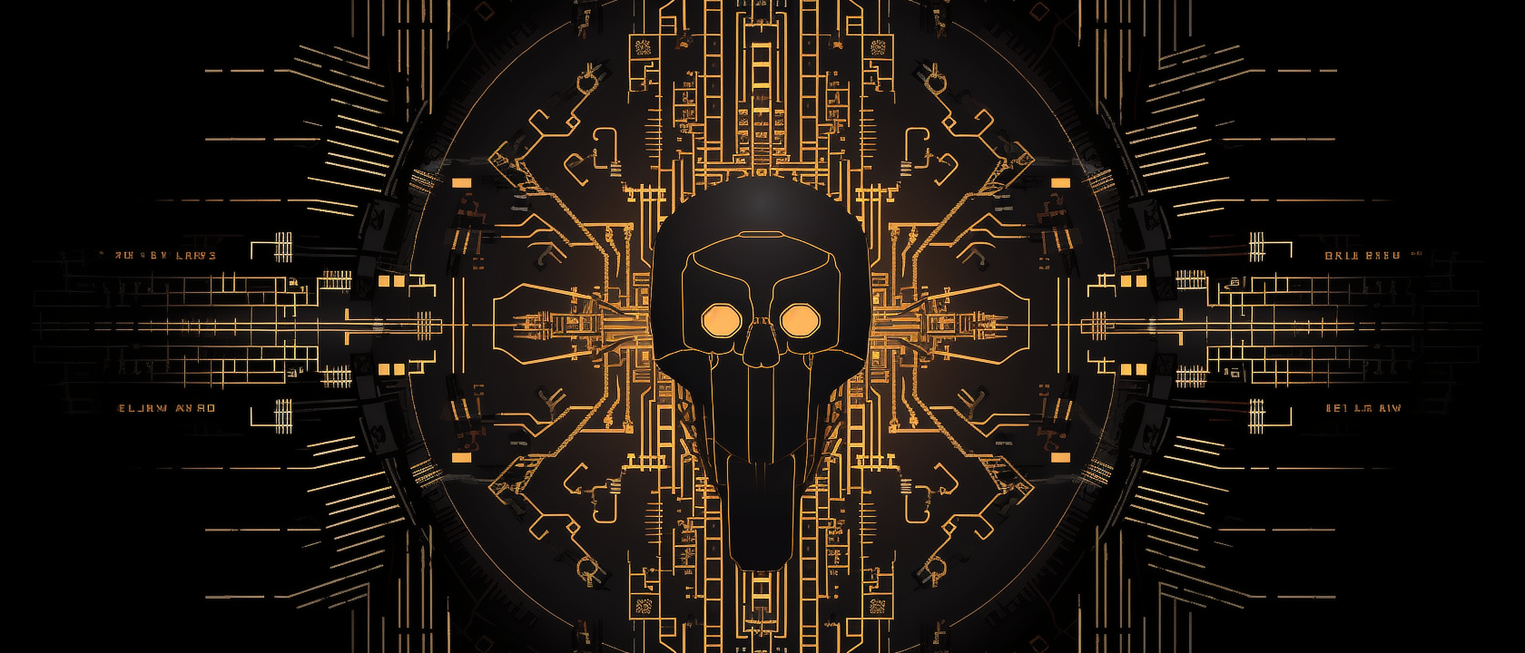 a black and gold skull with a circular pattern