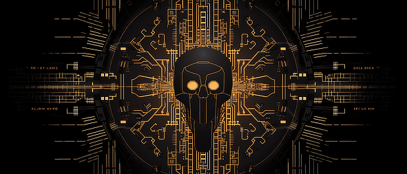 a black and gold skull with a circular pattern