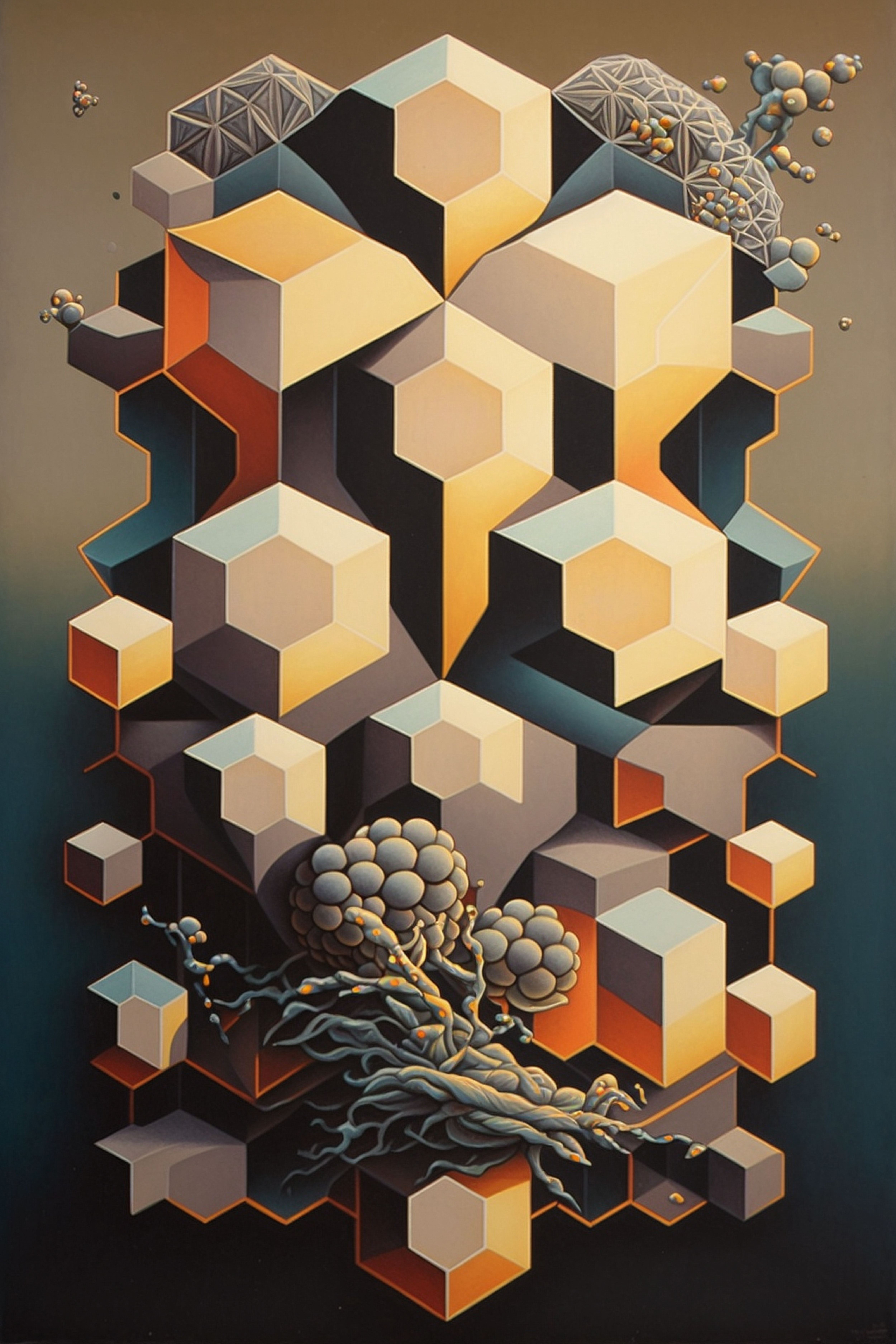 a painting of a plant and hexagons