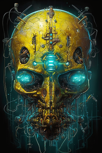 a yellow skull with blue lights