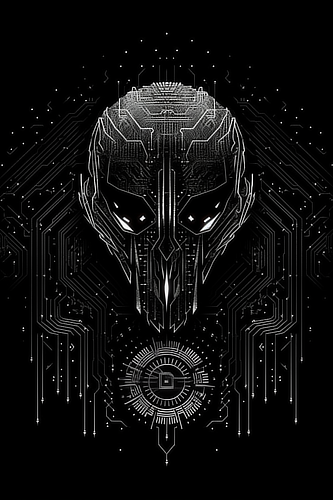a black and white illustration of a robot head