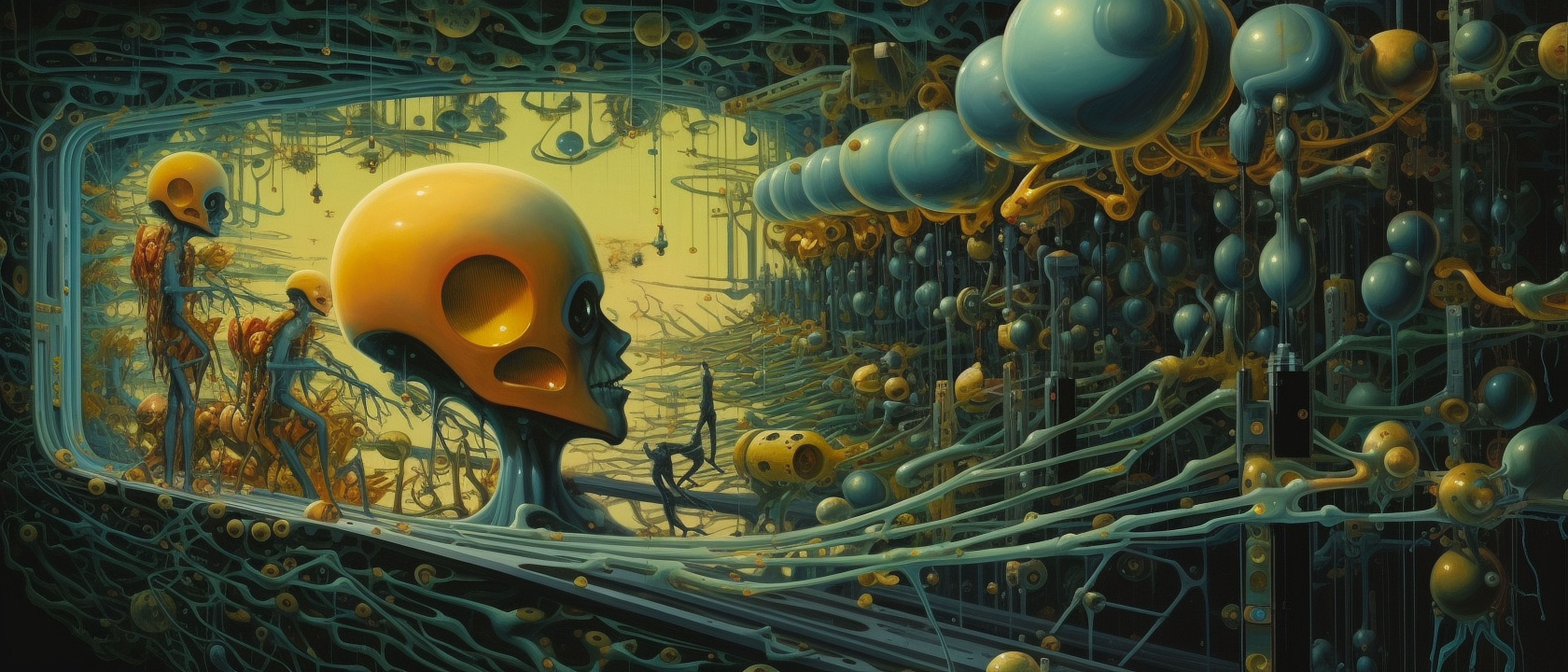 a artwork of a skull and many spheres