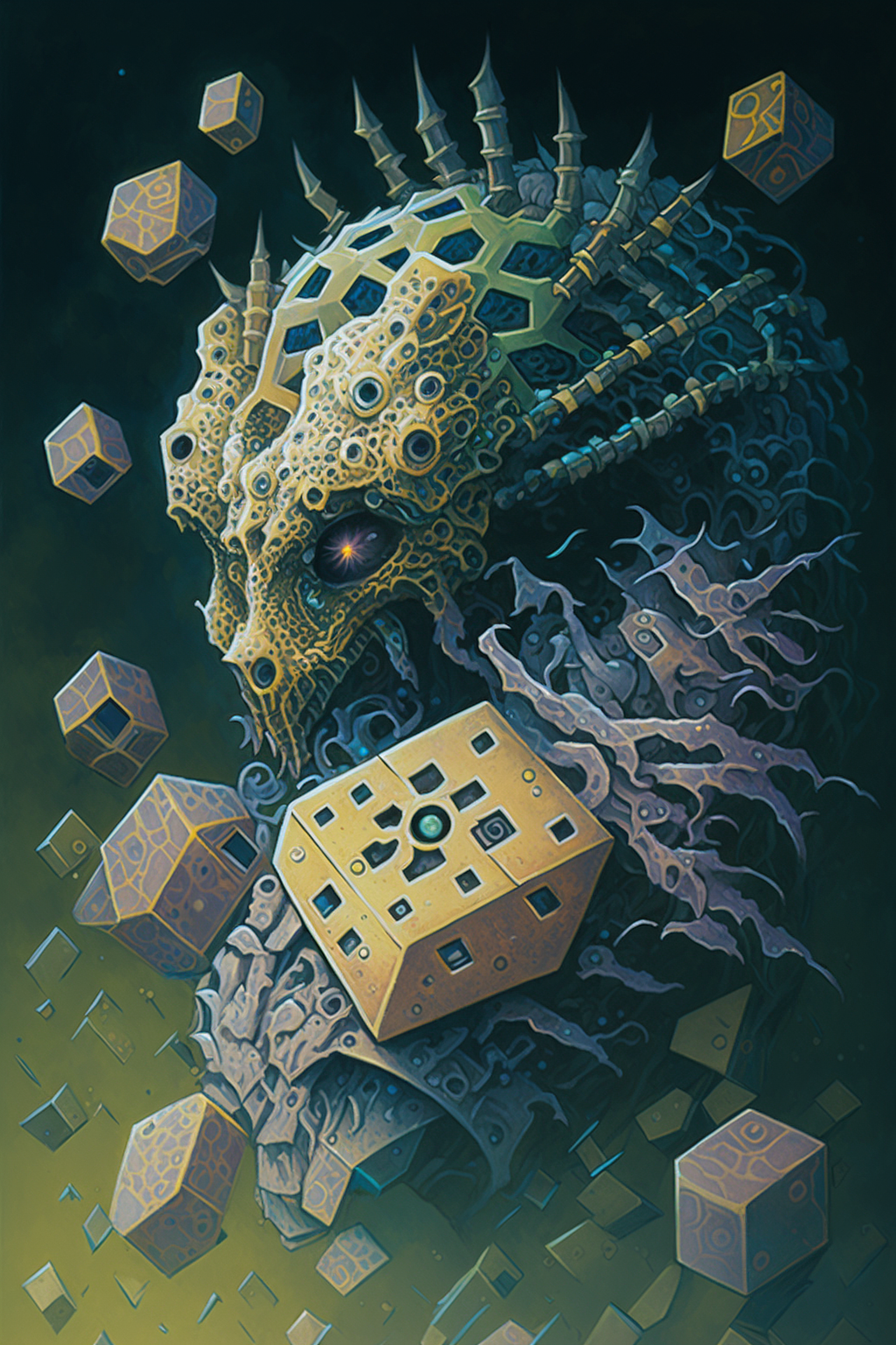 a artwork of a robot with a large eye and a cube