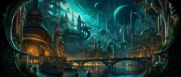 a city with many buildings and a bridge over water