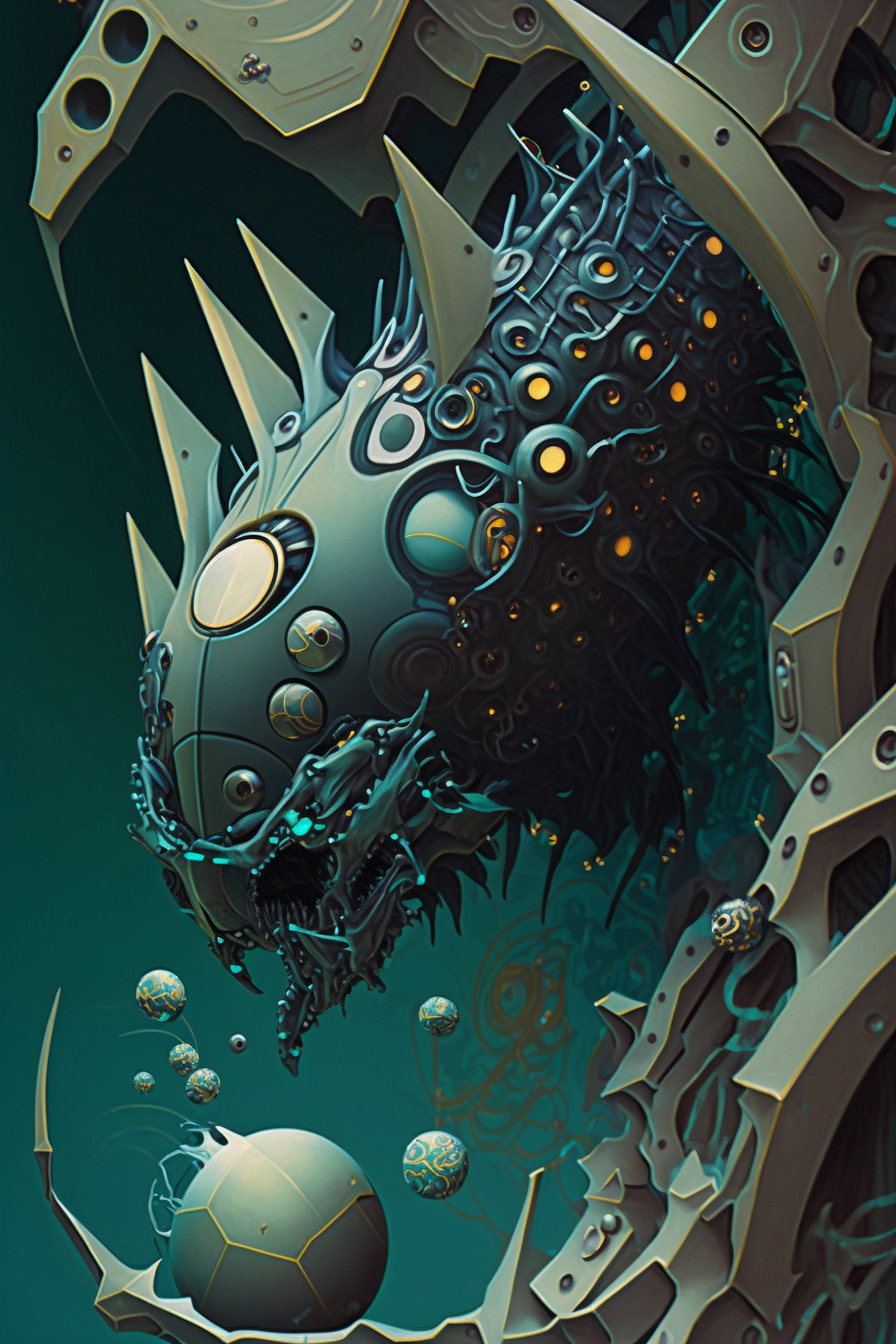 a metal creature with spikes and circles