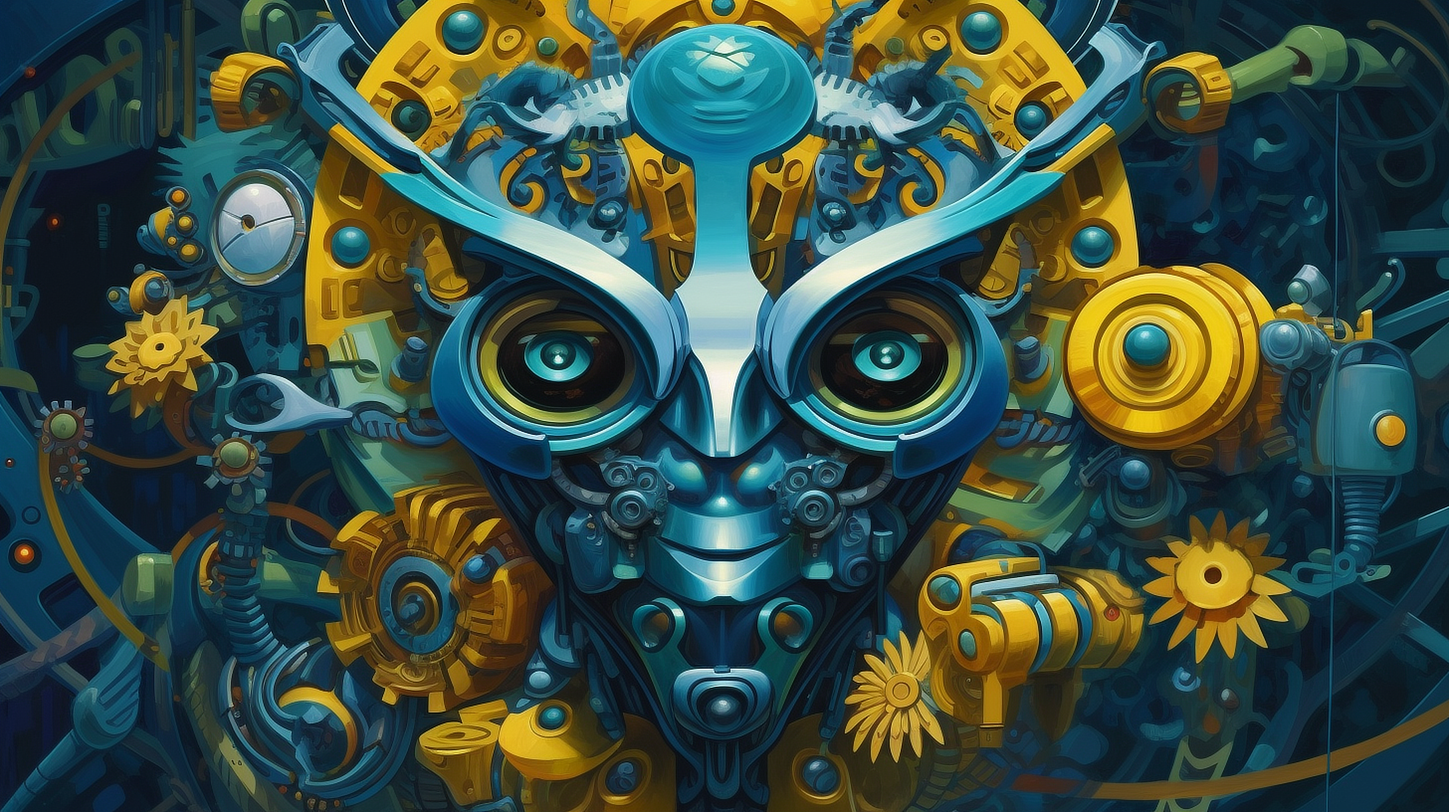 a blue and yellow robot face