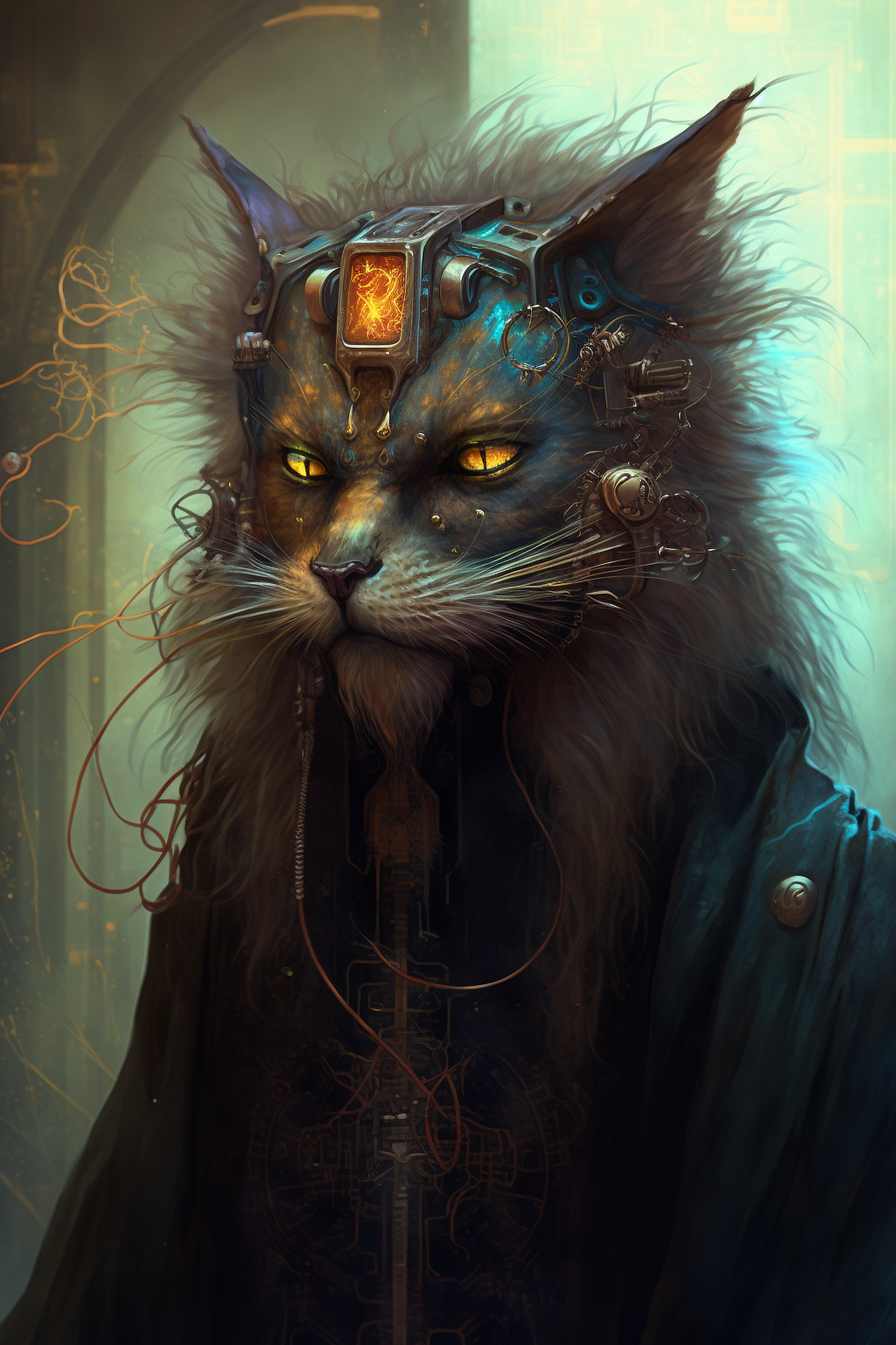 a cat with a mechanical head