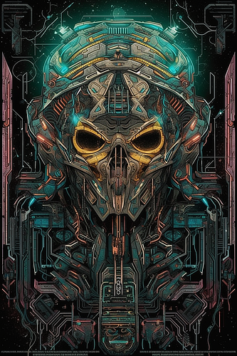 a robot with a skull