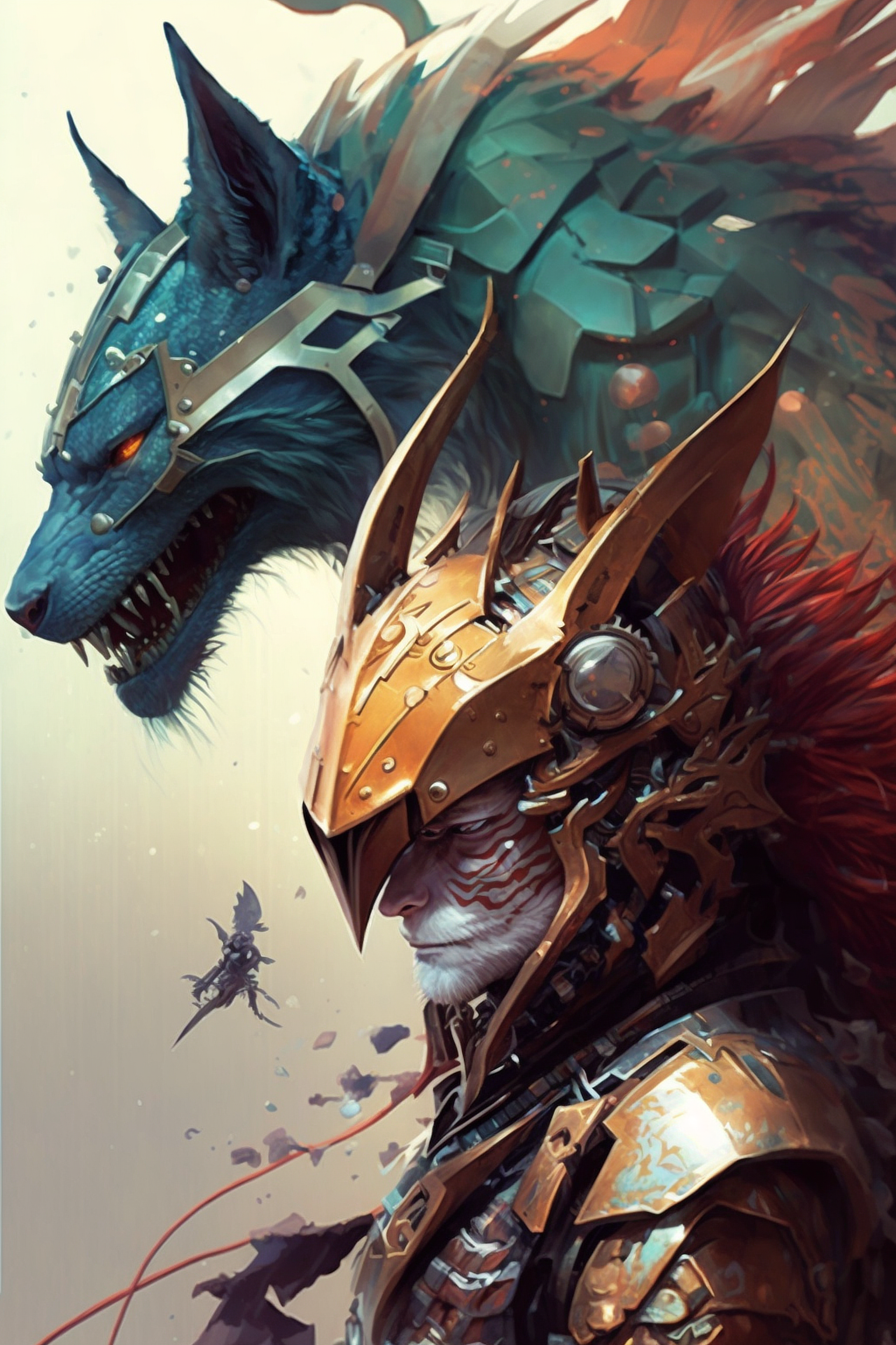 a man in armor next to a blue wolf