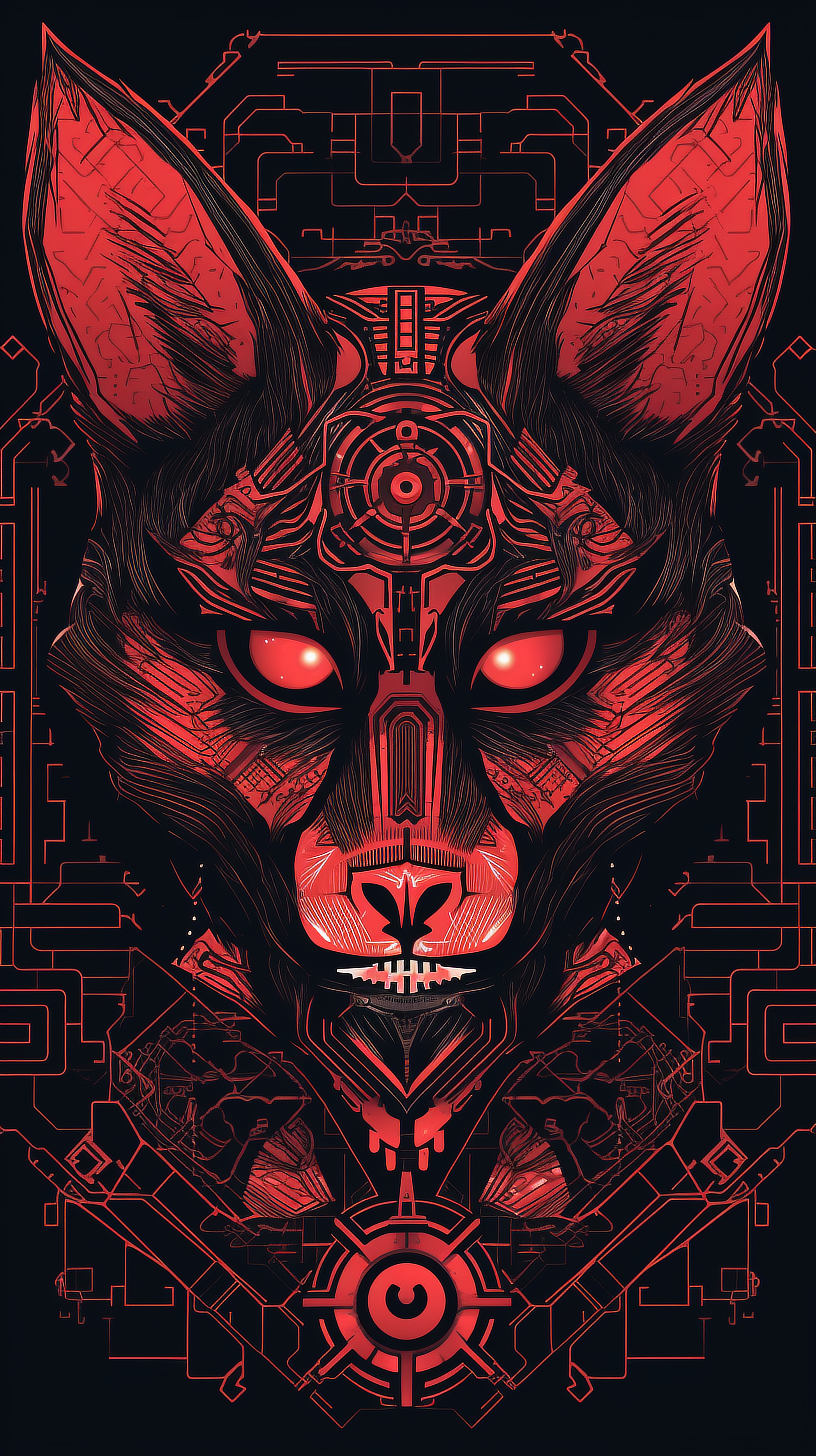 a red and black cat with red eyes