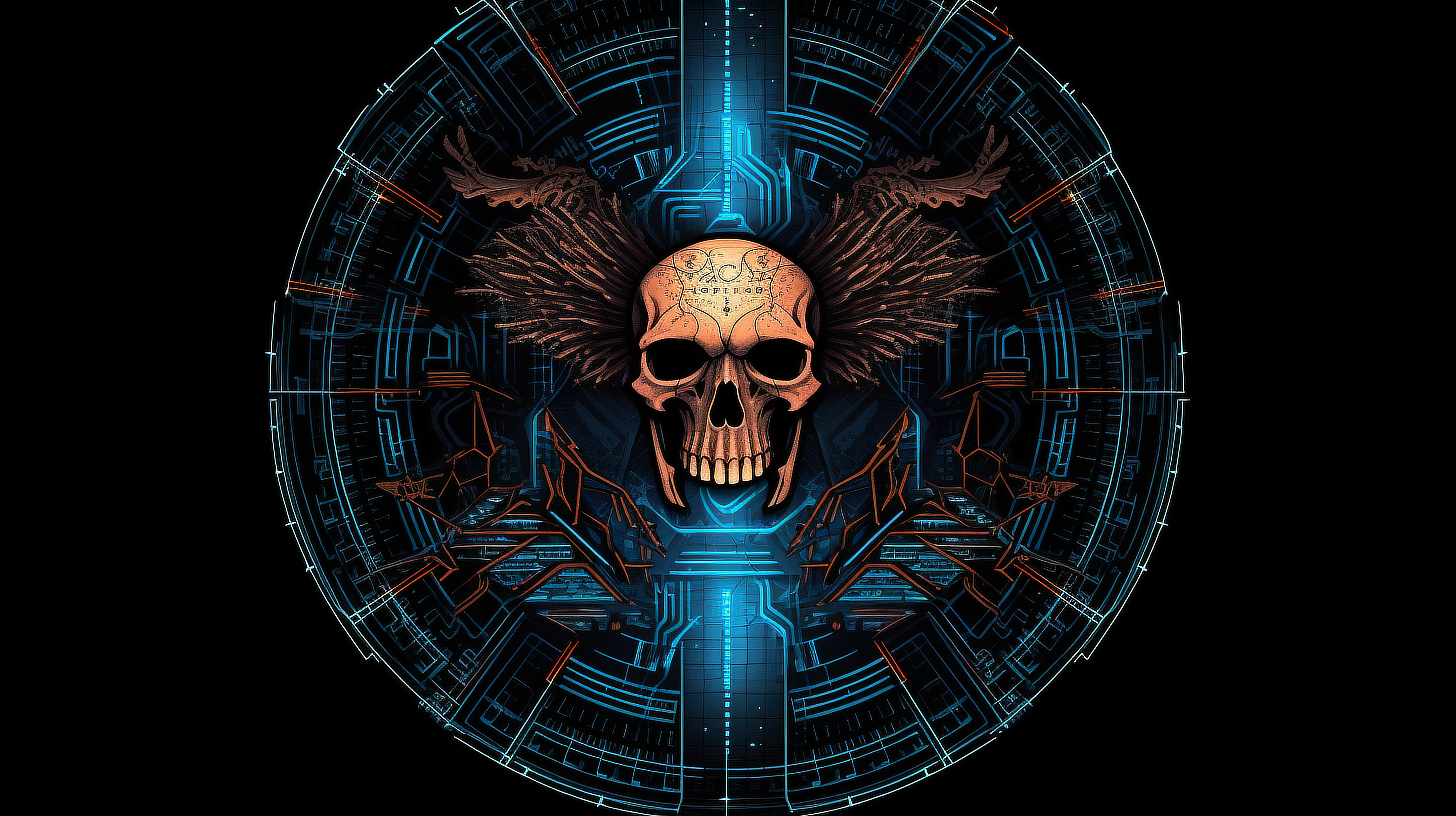 a skull with wings and blue lines