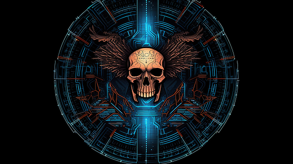 a skull with wings and blue lines