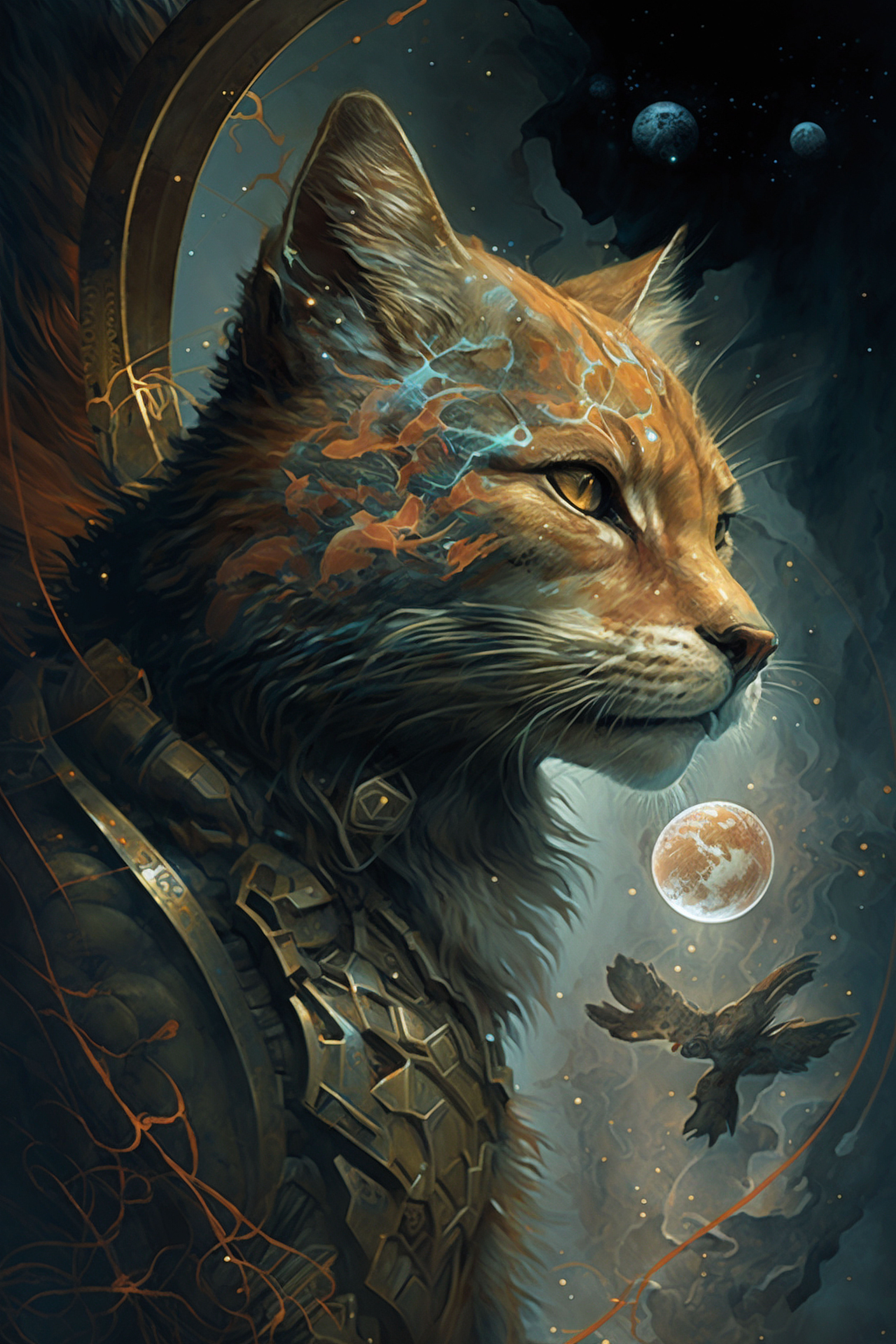 a cat with a bird and a moon