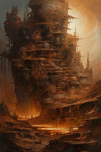 a large brown building with many buildings on it