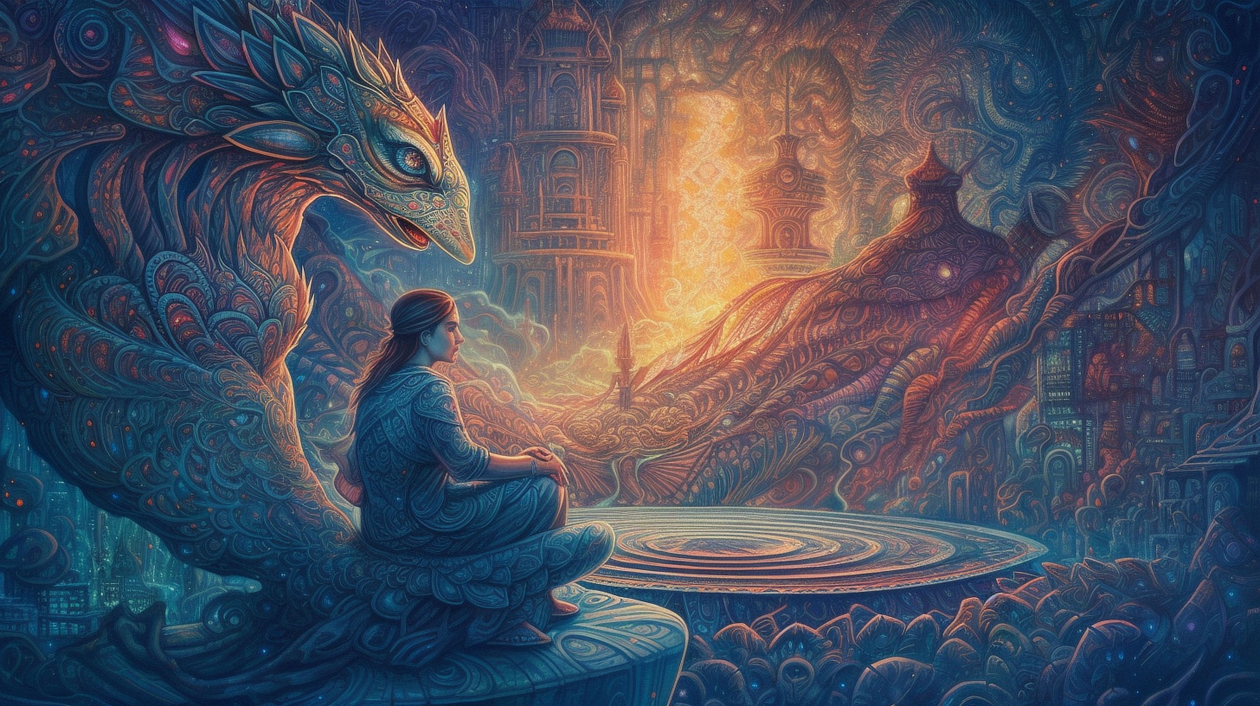 a person sitting on a rock looking at a dragon