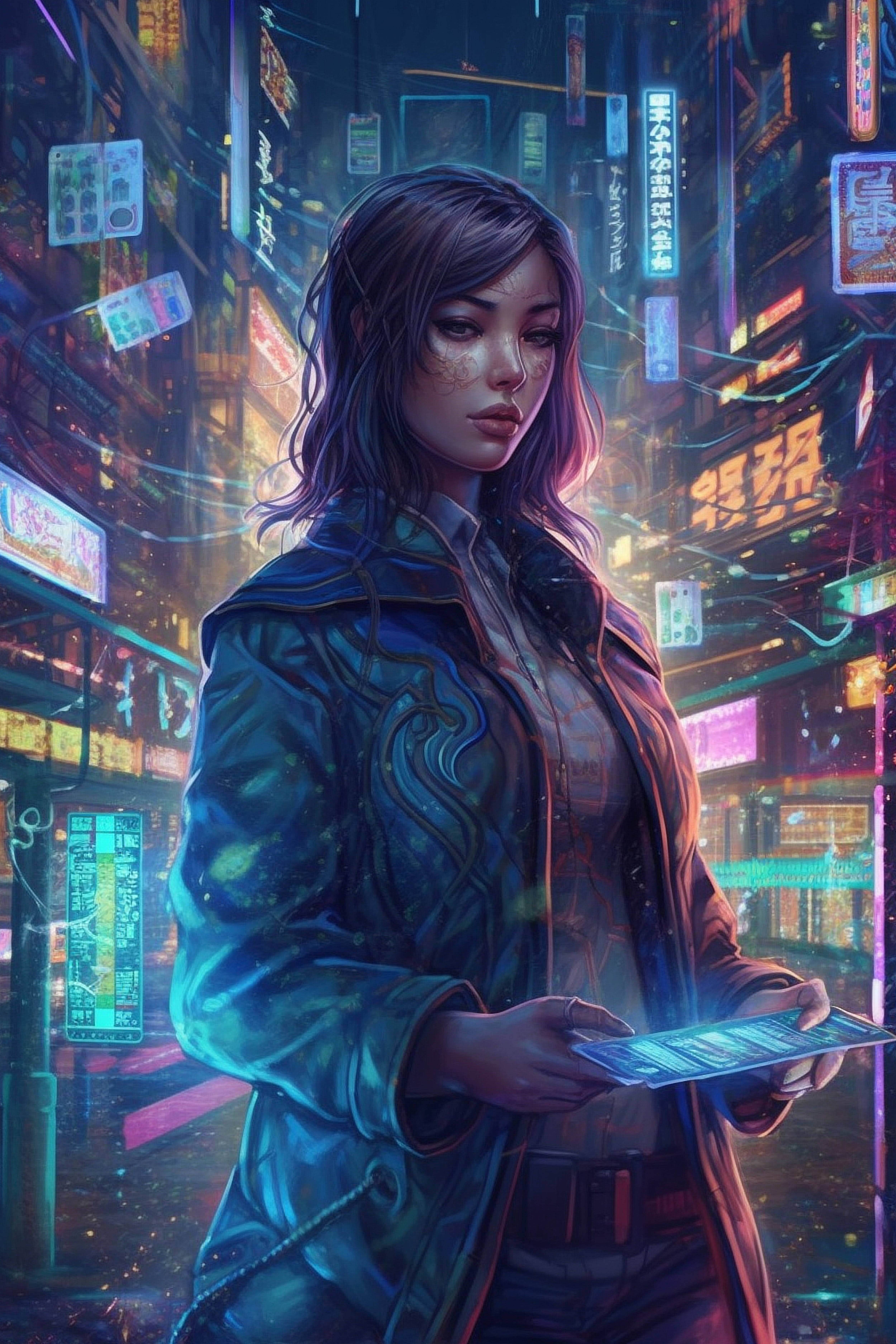 a woman holding a tablet in a city