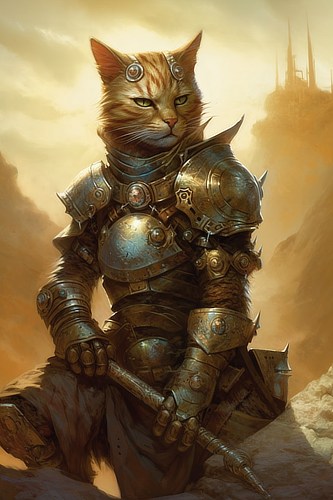 a cat in armor with a hammer