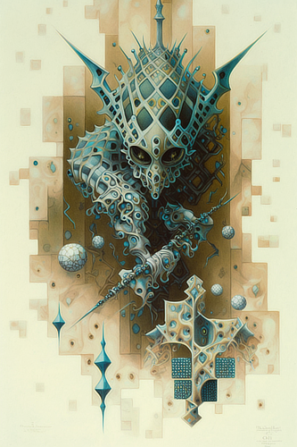 a painting of a creature holding a stick