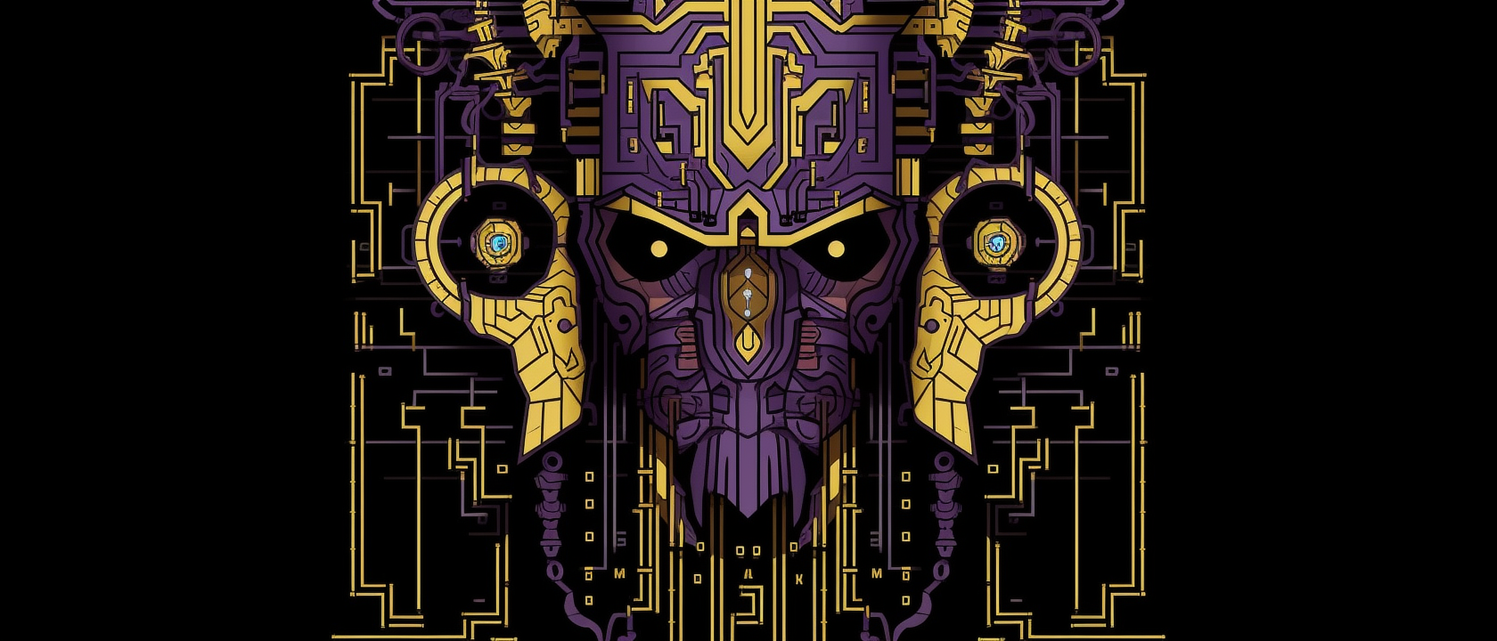 a purple and gold robot face