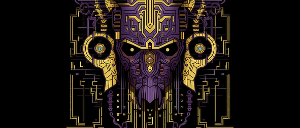 a purple and gold robot face