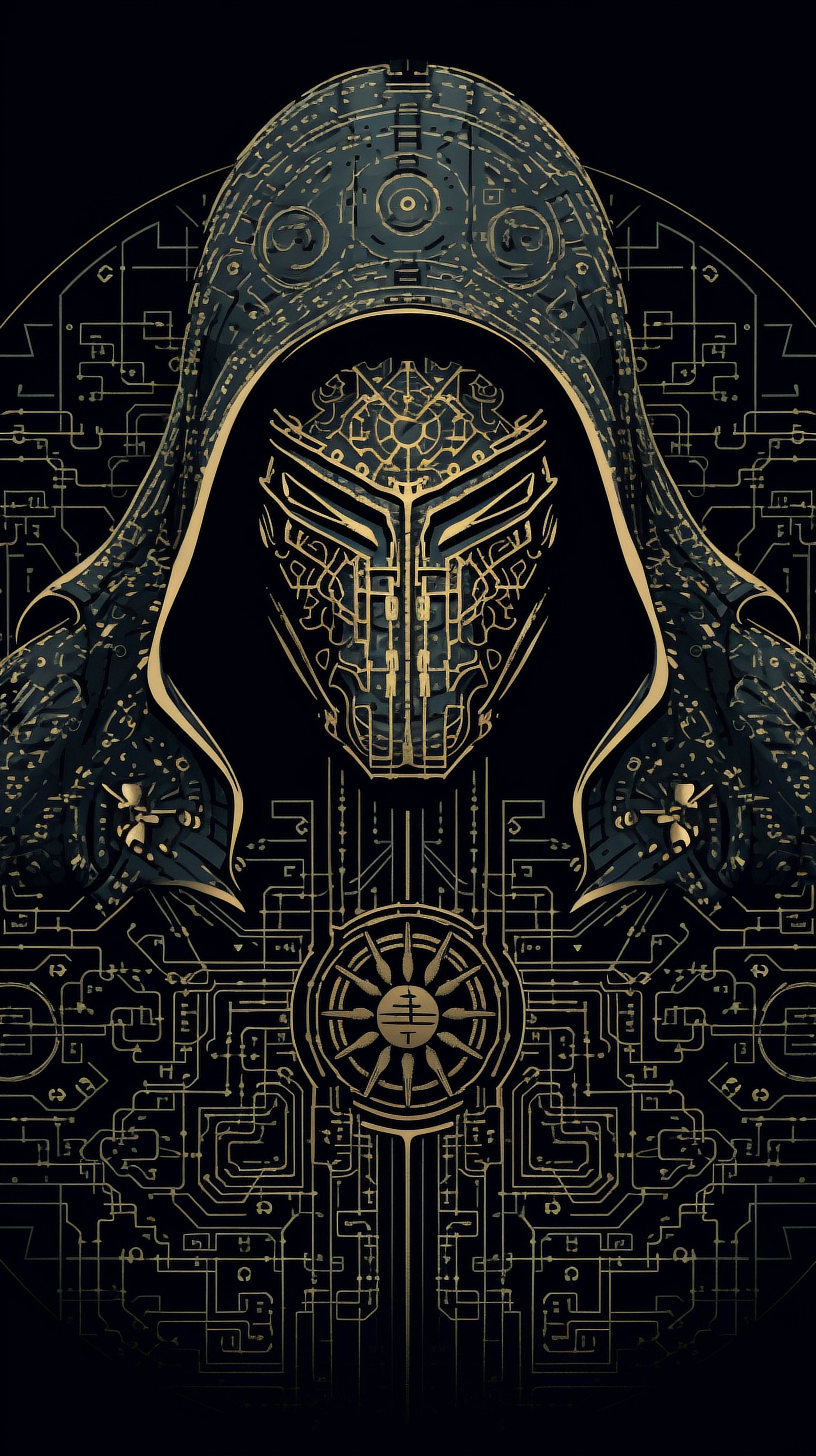 a black and gold mask with a black hood