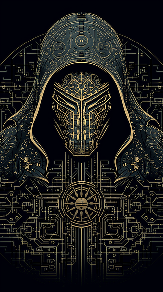 a black and gold mask with a black hood